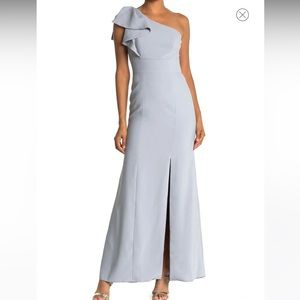 After Six brand Bow One-Shoulder Trumpet Gown. Color: Mist. Bridesmaid Dress